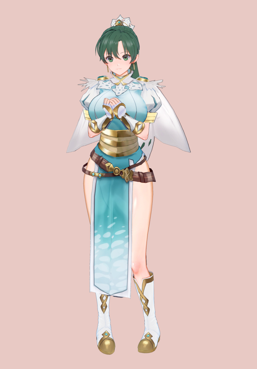 3d bad_id bad_pixiv_id belt boots breasts cape capelet closed_mouth commentary_request earrings feather_trim female fingerless_gloves fire_emblem fire_emblem:_the_blazing_blade fire_emblem_heroes full_body gloves gradient_background green_eyes green_hair hair_ornament highres jewelry knee_boots koikatsu_(medium) korean_commentary lips looking_at_viewer lyn_(fire_emblem) lyn_(resplendent)_(fire_emblem) medium_breasts own_hands_together pelvic_curtain pink_background ponytail puffy_sleeves shiny_clothes simple_background solo standing thighs uck-eck-uck