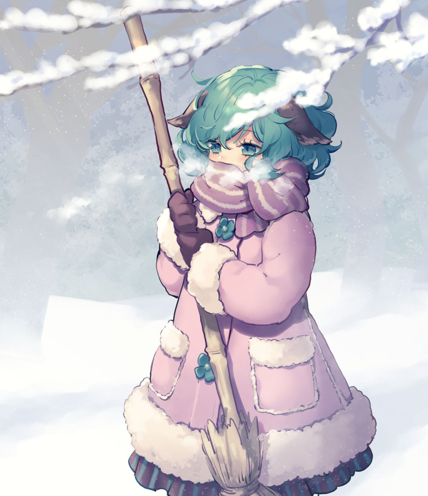 alternate_costume animal_ears bamboo_broom blurry blurry_foreground blush branch breath broom coat commentary covered_mouth cowboy_shot dog_ears eyebrows_hidden_by_hair eyelashes female fur_trim green_eyes green_hair grey_background highres holding holding_broom kasodani_kyouko looking_ahead pink_coat pink_scarf scarf short_hair snow solo standing striped_clothes striped_scarf tomobe_kinuko touhou two-handed wavy_hair winter_clothes