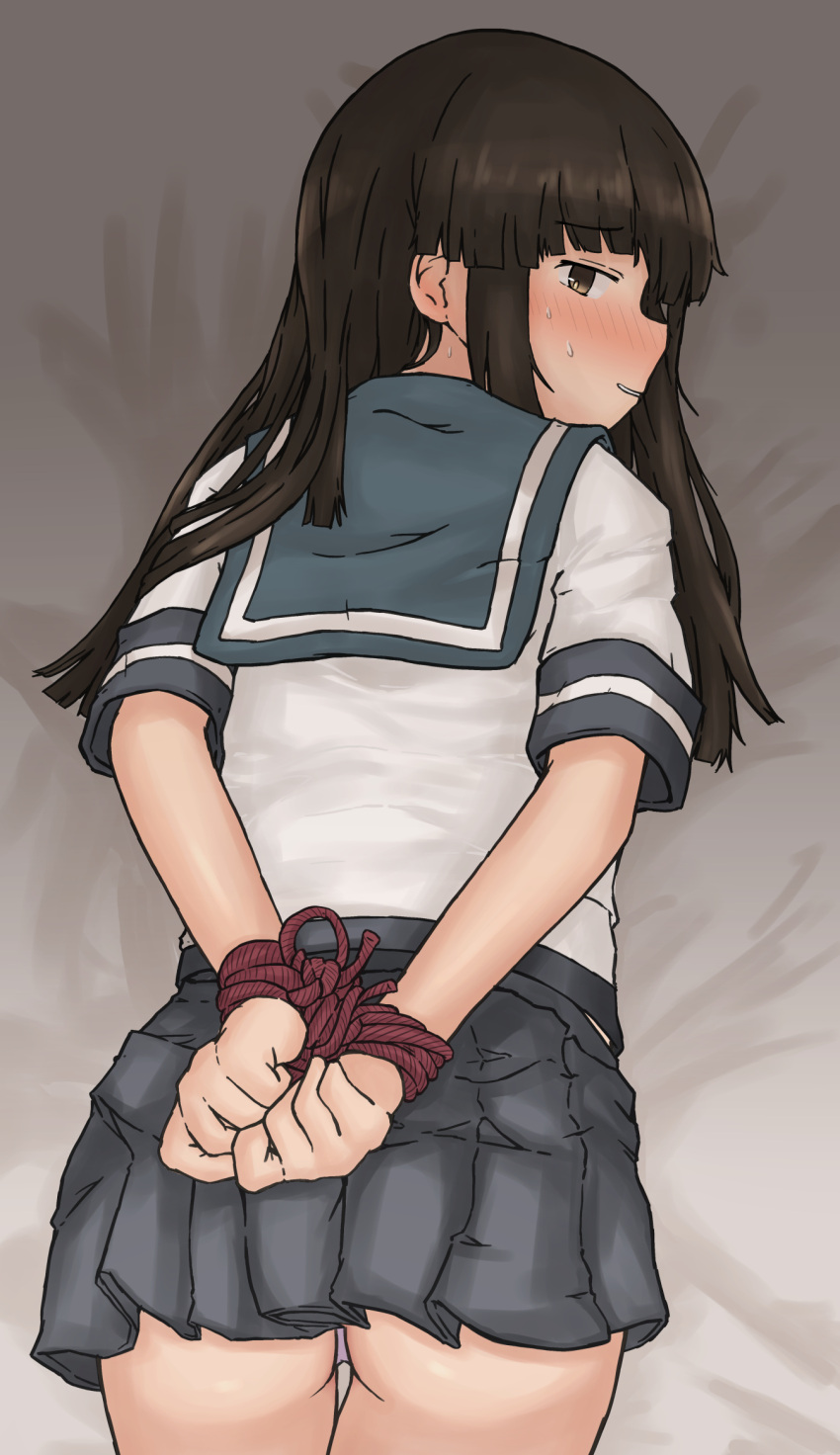 arms_behind_back ass black_hair blush bondage bondage bound bound_wrists brown_eyes chagamaka commentary_request female from_behind hatsuyuki_(kancolle) highres hime_cut kantai_collection long_hair looking_at_viewer looking_back lying midriff_peek miniskirt on_stomach panties pink_panties pleated_skirt rope school_uniform serafuku skirt smile solo sweat underwear