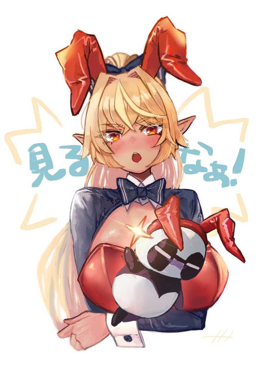 ahoge alternate_costume animal_ears blonde_hair blue_bow blue_bowtie blush bow bowtie breast_hold breasts crossed_arms dark-skinned_female dark_skin ear_blush elf embarrassed fake_animal_ears familiar female hair_between_eyes highres hololive kintsuba_(shiranui_flare) large_breasts long_hair looking_at_viewer multicolored_hair naname_(7name) open_mouth panda playboy_bunny pointy_ears ponytail rabbit_ears red_eyes shiranui_flare shrug_(clothing) simple_background sparkle streaked_hair translated upper_body virtual_youtuber white_background wrist_cuffs