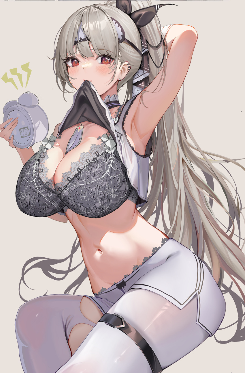 absurdres alarm_clock alternate_costume alternate_hairstyle arm_behind_head armpits azur_lane black_bra blush bra breasts clock commentary_request ear_piercing eye_mask female formidable_(azur_lane) grey_hair highres holding holding_alarm_clock lace-trimmed_bra lace_trim large_breasts light_brown_background long_hair looking_at_viewer mask mask_on_head mouth_hold navel pannko6216 pantyhose piercing ponytail red_eyes short_shorts shorts simple_background solo stomach underwear white_pantyhose white_shorts