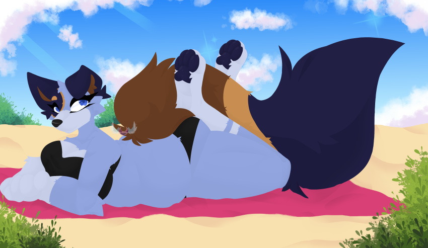 absurd_res anthro ass australian_cattle_dog beach belly big_belly big_breasts big_butt bikini bikini_bottom bikini_top blue_body blue_eyes blue_fur bluey_(series) breasts brown_body brown_fur canid canine canis cattledog cheek_tuft clothing cloud crossed_arms detailed detailed_background domestic_dog ears_up facial_tuft female floppy_ears fluffy fluffy_tail fur head_tuft herding_dog hi_res mammal markings multicolored_body multicolored_fur on_ground pastoral_dog pawpads paws plant relaxing rule_63 sand shrub sky skyscape slightly_chubby slightly_chubby_anthro slightly_chubby_female smile smiling_at_viewer solo stripe_heeler striped_markings stripes sunbathing swimwear tail towel tsukipaw tuft two-piece_swimsuit