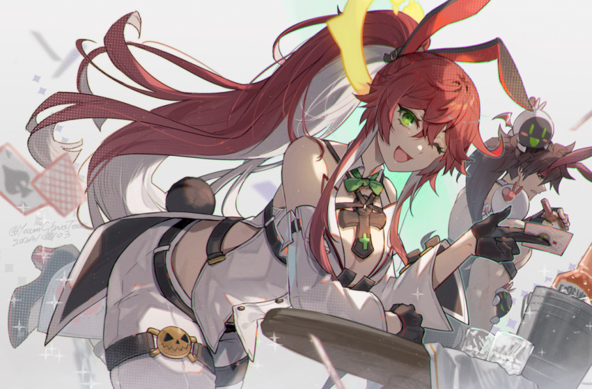 1boy ace_(playing_card) ace_of_spades animal_ears bare_shoulders bottle breasts card cleavage commentary detached_sleeves fake_animal_ears fake_tail female glass green_eyes guilty_gear guilty_gear_strive high_ponytail holding holding_card jack-o'_valentine large_breasts long_hair looking_at_viewer nontraditional_playboy_bunny one_eye_closed pants playing_card rabbit_ears rabbit_tail red_hair sol_badguy solo_focus spade_(shape) symbol-only_commentary tail white_hair white_pants white_sleeves youmicitrustea