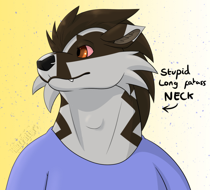 alex.fetter anthro brown_eyes clothing english_text fangs generation_8_pokemon hair hi_res long_neck looking_aside male nintendo obstagoon pink_sclera pokemon pokemon_(species) shirt solo teeth text thick_neck topwear