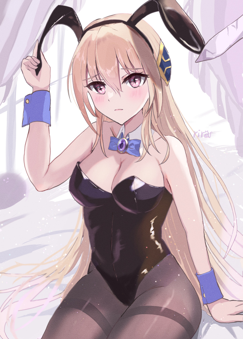 absurdres animal_ears black_leotard black_pantyhose blonde_hair blue_bow blue_bowtie bow bowtie breasts cleavage detached_collar fake_animal_ears female hair_between_eyes hair_over_one_eye heaven_burns_red highleg highleg_leotard highres leotard long_hair narvy_(heaven_burns_red) on_bed pantyhose playboy_bunny rabbit_ears red_eyes shirakawa_yuina sidelocks smyin_rii solo strapless strapless_leotard wrist_cuffs