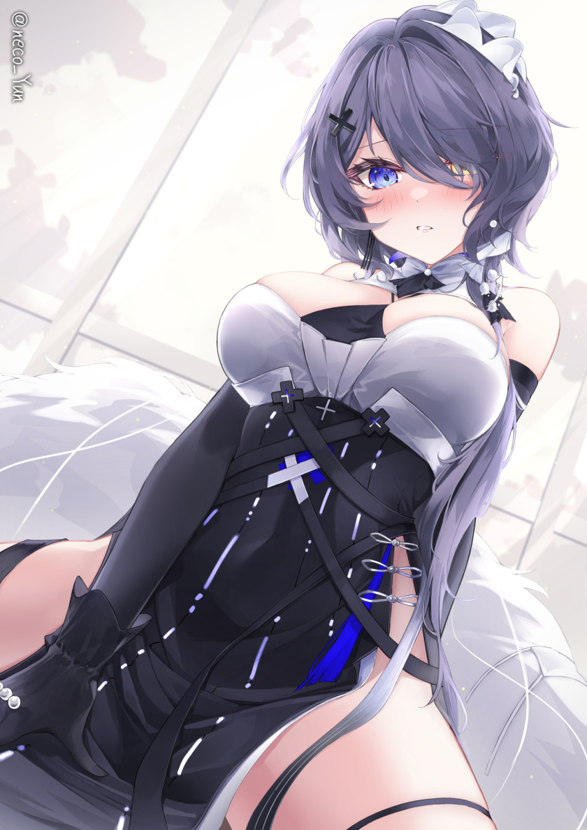 arknights bare_shoulders black_dress black_gloves blue_eyes blush breasts commentary_request dress elbow_gloves female gloves hair_intakes hair_ornament hair_over_one_eye heterochromia highres large_breasts long_hair looking_at_viewer official_alternate_costume paid_reward_available parted_lips pelvic_curtain purple_hair sitting sleeveless sleeveless_dress solo thigh_strap two-tone_dress whisperain_(arknights) whisperain_(tremble_cold)_(arknights) x_hair_ornament yellow_eyes yeosi