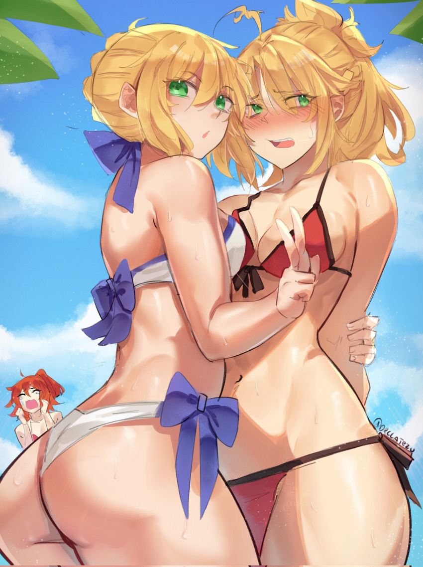 3girls ahoge artoria_pendragon_(fate) artoria_pendragon_(swimsuit_archer)_(fate) ass blonde_hair blush bow crying deccatezu english_commentary fate/grand_order fate_(series) flustered fujimaru_ritsuka_(female) green_hair highres hug interlocked_ahoge mordred_(fate) mordred_(swimsuit_rider)_(fate) mother_and_daughter multiple_girls navel official_alternate_costume open_mouth orange_hair saber_(fate) sky swimsuit twitter_username v wet