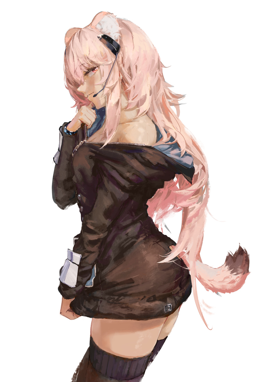 absurdres animal_ear_fluff animal_ears arknights ass_cutout bare_shoulders blush breasts bright_pupils brown_jacket brown_thighhighs buttons cleavage clothing_cutout collarbone cowboy_shot cropped_legs english_commentary extra_ears eyelashes female from_side gandy_(gan3e46) gravel_(arknights) half-closed_eyes hand_up headset highres infection_monitor_(arknights) jacket long_hair long_sleeves looking_at_viewer looking_to_the_side naked_jacket off_shoulder parted_lips partially_unzipped pink_hair pink_tail profile red_eyes seductive_smile sideways_glance simple_background single_bare_shoulder smile solo standing straight_hair tail tail_through_clothes thighhighs thighs two-sided_fabric two-sided_jacket very_long_hair white_background white_pupils zipper