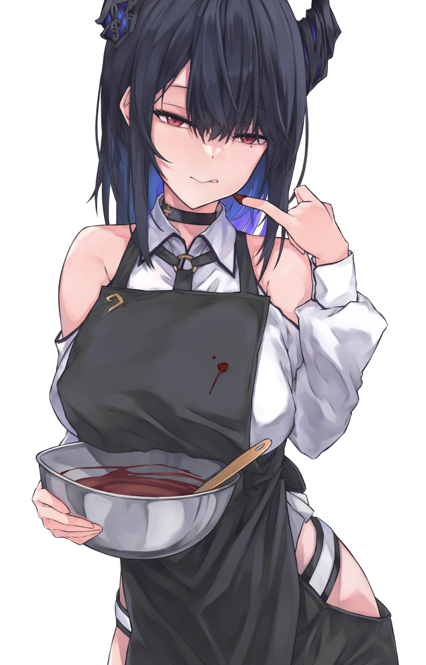 :q absurdres alternate_hair_length alternate_hairstyle apron bare_shoulders black_apron black_choker black_hair black_horns blue_hair bowl breasts chocolate_making chocolate_on_clothes choker chrysanthemums clothing_cutout colored_inner_hair commentary english_commentary female highres holding holding_bowl hololive hololive_english horns large_breasts long_sleeves looking_at_viewer medium_hair mixing_bowl mole mole_under_eye multicolored_hair nerissa_ravencroft shirt shoulder_cutout solo spatula standing swept_bangs tongue tongue_out virtual_youtuber white_background white_shirt