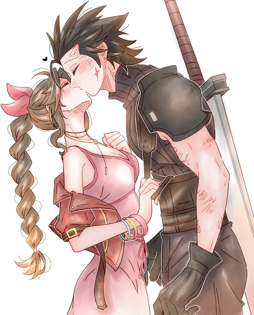 1boy 7_(milu577610) aerith_gainsborough armor bangle bare_shoulders black_gloves black_hair blush bracelet braid braided_ponytail breasts bruise bruise_on_arm bruise_on_face buster_sword choker cleavage closed_eyes commentary_request couple crisis_core_final_fantasy_vii cross_scar dress earrings female final_fantasy final_fantasy_vii final_fantasy_vii_rebirth final_fantasy_vii_remake from_side gloves hair_ribbon heart height_difference highres injury jacket jewelry kissing long_hair medium_breasts open_clothes open_jacket parted_bangs pink_dress pink_ribbon profile red_jacket ribbed_sweater ribbon scar scar_on_cheek scar_on_face short_hair shoulder_armor sleeveless sleeveless_dress sleeveless_turtleneck spiked_hair stud_earrings suspenders suspenders_pull sweater turtleneck turtleneck_sweater upper_body weapon weapon_on_back white_background zack_fair