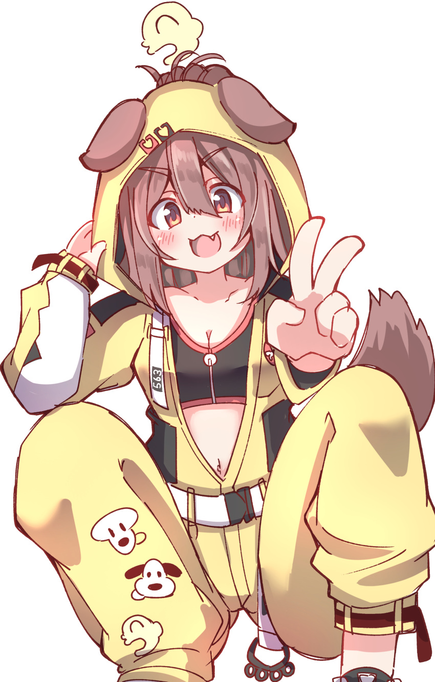 :d absurdres animal_ears blush brass_knuckles breasts brown_hair cleavage collarbone commentary dog_ears dog_girl dog_tail ears_through_headwear feet_out_of_frame female futo-inu hair_between_eyes hands_up highres hololive hood hood_up hooded_jumpsuit hoso-inu inugami_korone inugami_korone_(8th_costume) jumpsuit listener_(inugami_korone) looking_at_viewer medium_breasts navel oerba_yun_fang red_eyes simple_background smile solo squatting tail umberblack v v-shaped_eyebrows weapon white_background yellow_jumpsuit