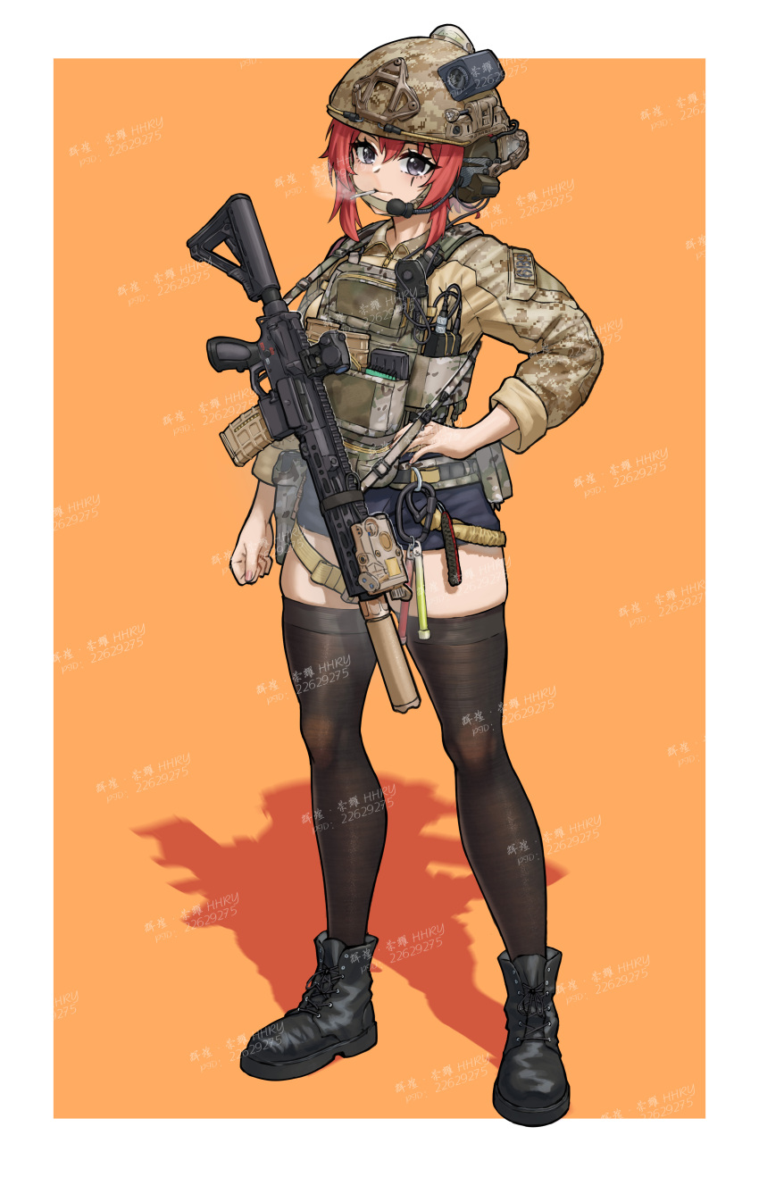 absurdres black_thighhighs bulletproof_vest cigarette gun headphones helmet highres huihuang_rongyao medium_hair microphone military military_operator original red_hair short_shorts shorts smoking tactical_clothes thighhighs walkie-talkie weapon zettai_ryouiki