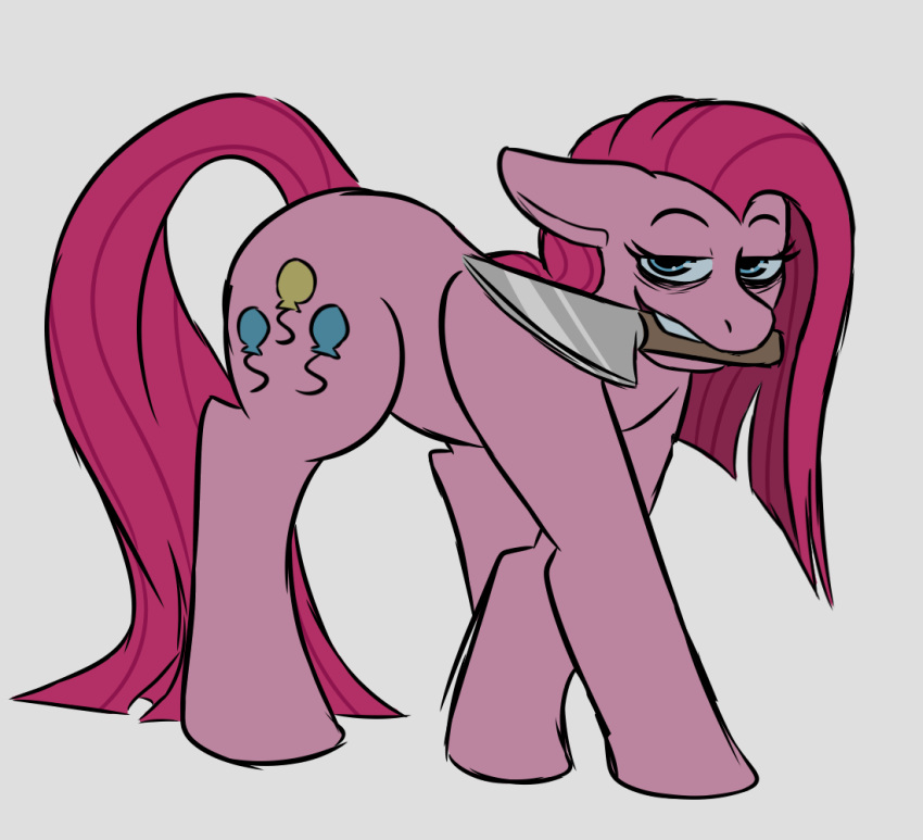 blue_eyes equid equine female feral friendship_is_magic hasbro horse knife lemon_creamz mammal my_little_pony object_in_mouth pink_body pinkamena_(mlp) pinkie_pie_(mlp) pony simple_background solo white_background