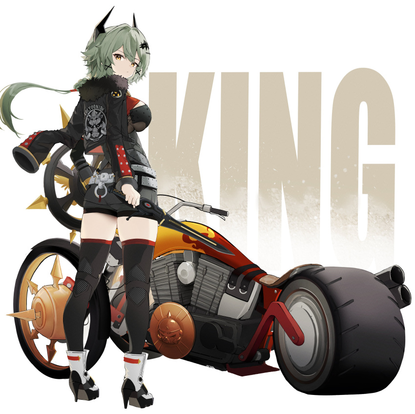 absurdres belt black_jacket black_thighhighs caesar_king_(zenless_zone_zero) female fur-trimmed_jacket fur_trim grey_belt grey_hair high_heels highres holding holding_sword holding_weapon jacket long_hair long_sleeves looking_at_viewer low_ponytail motor_vehicle motorcycle solo standing steeb sword thighhighs weapon yellow_eyes zenless_zone_zero