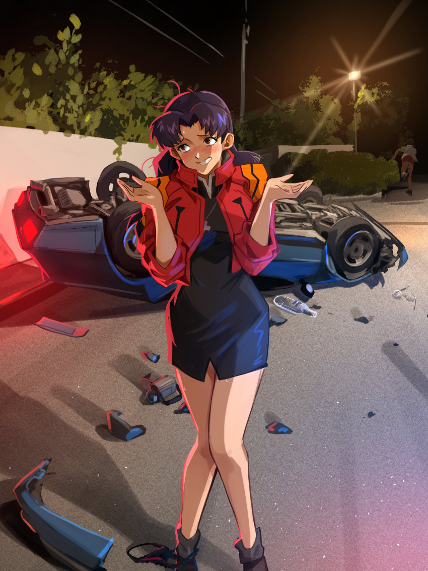 1boy absurdres aida_kensuke alcohol ass averting_eyes black_dress black_footwear black_panties blush bottomless brown_eyes camcorder car car_crash curtained_hair dress feet_out_of_frame female glasses grin highres jacket jewelry katsuragi_misato khyle. knees_together_feet_apart long_hair long_sleeves looking_to_the_side motor_vehicle necklace neon_genesis_evangelion nervous nervous_sweating night night_sky nose_blush outdoors panties panties_around_one_ankle pencil_dress purple_hair red_jacket round_eyewear running short_dress sky smile standing sweat underwear unworn_eyewear video_camera vodka when_you_see_it