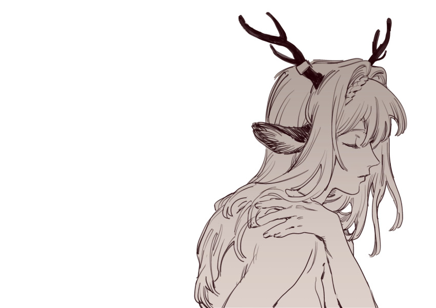 alina_(arknights) animal_ears antlers arknights braid breasts closed_eyes closed_mouth commentary crown_braid deer_ears female greyscale hair_intakes hand_on_another's_shoulder highres horns long_hair monochrome nude pornmiporn solo upper_body