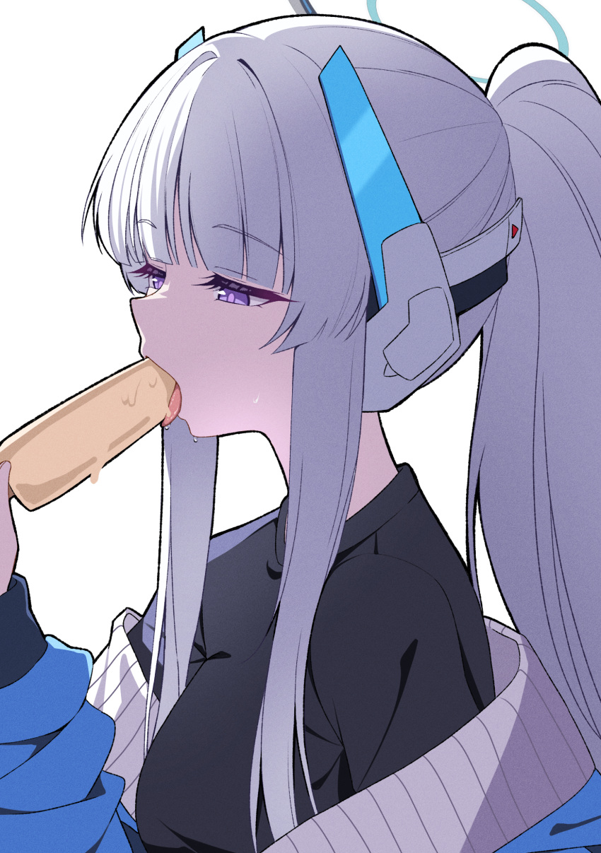 alternate_costume alternate_hairstyle black_shirt blue_archive blue_jacket commentary fellatio female food food_in_mouth gym_shirt halo headgear highres holding holding_food holding_popsicle jacket long_hair mechanical_halo noa_(blue_archive) off_shoulder oral ponytail popsicle popsicle_in_mouth purple_eyes reia_76 shirt sidelocks simple_background simulated_fellatio solo tongue tongue_out white_background white_hair white_halo