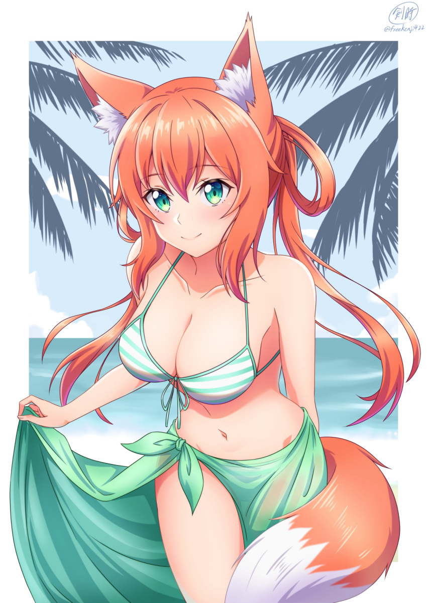 animal_ear_fluff animal_ears aqua_eyes aqua_stripes arm_at_side bare_arms bare_shoulders beach bikini blue_sky border breasts cleavage closed_mouth clothes_lift cloud collarbone cowboy_shot day female floating_hair fox_ears fox_girl fox_tail front-tie_bikini_top front-tie_top green_sarong hair_between_eyes hair_rings halterneck highres horizon ken-ji large_breasts leaning_forward light_blush long_hair looking_at_viewer navel ocean orange_hair orange_tail original outdoors outside_border palm_tree sarong sarong_lift sidelocks signature sky smile solo standing string_bikini striped_bikini striped_clothes swimsuit tail tail_wrap thigh_gap tree twintails twitter_username two-tone_tail water white_stripes white_tail