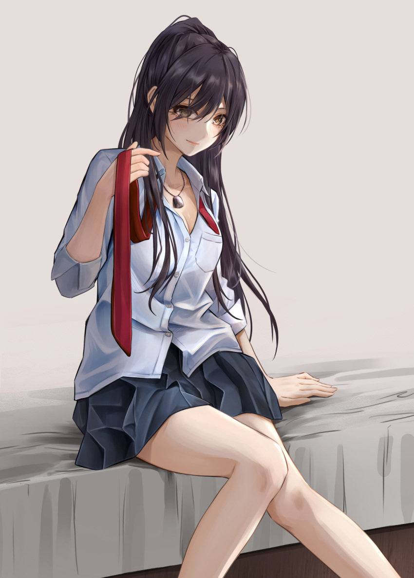 bare_legs black_hair black_skirt breasts cleavage daiko_(dai1974910) feet_out_of_frame female highres idolmaster idolmaster_shiny_colors jewelry long_hair necklace necktie open_collar pleated_skirt school_uniform shirase_sakuya shirt sitting skirt solo undone_necktie very_long_hair white_shirt