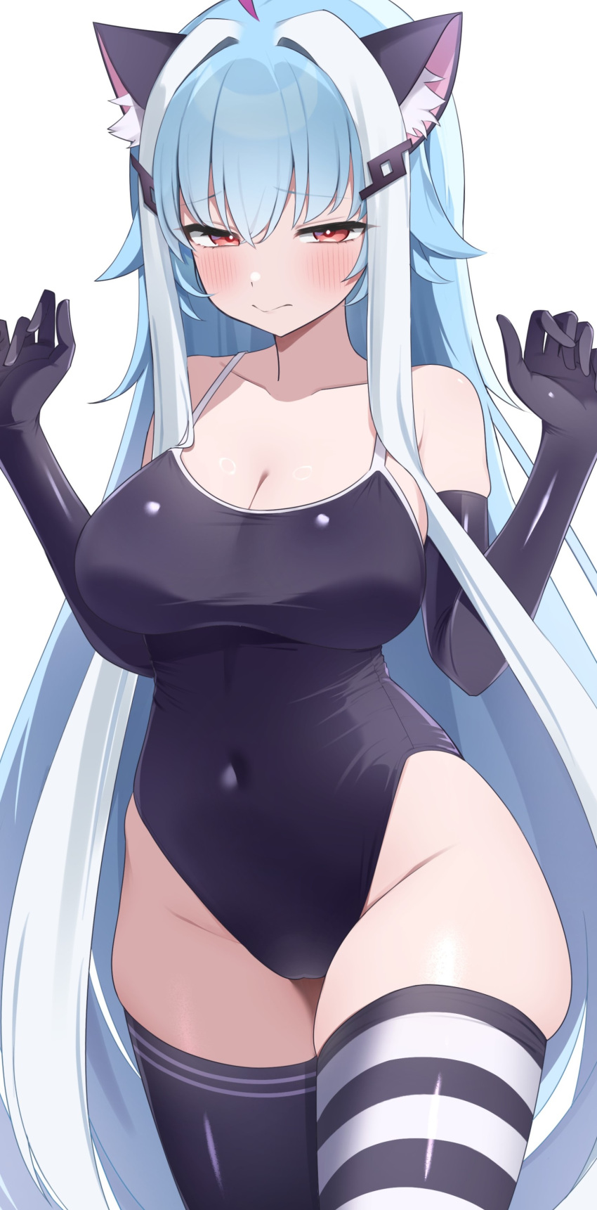 absurdres animal_ear_fluff animal_ears black_gloves black_one-piece_swimsuit black_thighhighs blue_hair breasts cat_ears character_request cleavage collarbone copyright_request covered_navel cowboy_shot elbow_gloves female gloves hair_ornament hairclip hands_up highres large_breasts lelex long_hair looking_at_viewer mismatched_thighhighs multicolored_hair natural_sign one-piece_swimsuit red_eyes simple_background solo spaghetti_strap standing striped_clothes striped_thighhighs swimsuit thighhighs two-tone_hair white_background white_hair