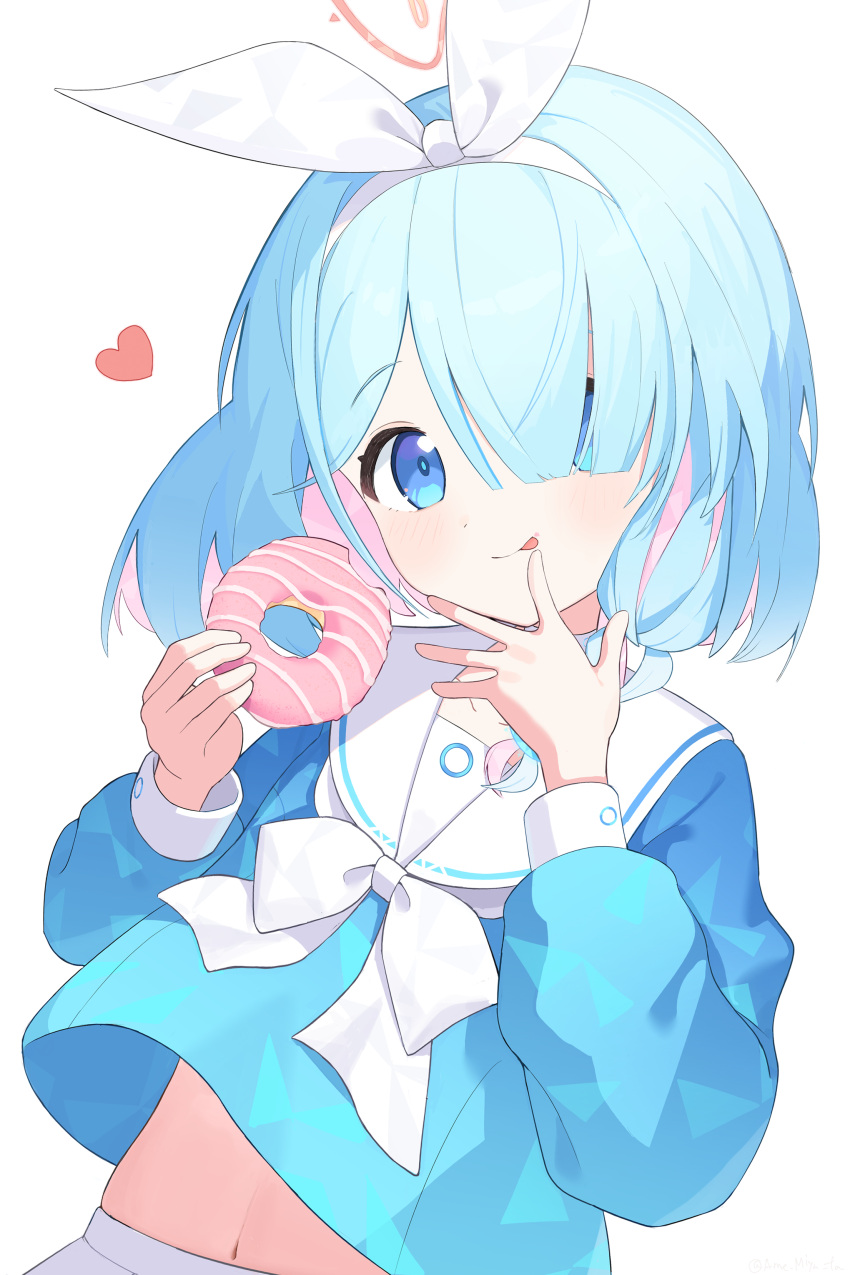 :p absurdres ame_miya_ta arona_(blue_archive) blue_archive blue_eyes blue_hair blush doughnut eating female finger_to_mouth food food_on_hand hands_up highres holding holding_food licking licking_finger long_sleeves looking_at_viewer midriff navel school_uniform simple_background skirt smile solo tongue tongue_out upper_body white_background