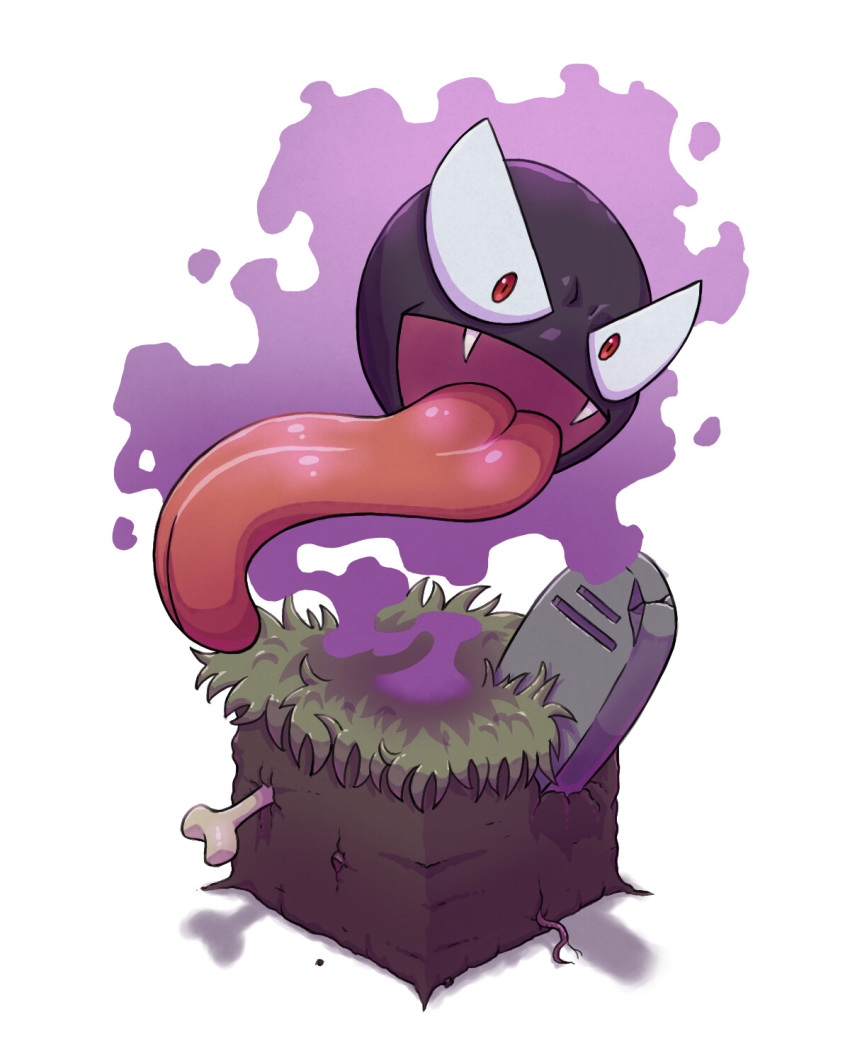 ambiguous_feral ambiguous_gender bone colored cube digital_drawing_(artwork) digital_media_(artwork) fangs feral floating floating_head gas gastly generation_1_pokemon gorka_fujimoto_holgado grass hi_res long_tongue looking_at_viewer nintendo not_furry open_mouth open_smile pink_tongue plant pokemon pokemon_(species) purple_body purple_skin red_eyes roots shaded simple_background smile solo teeth tombstone tongue white_background