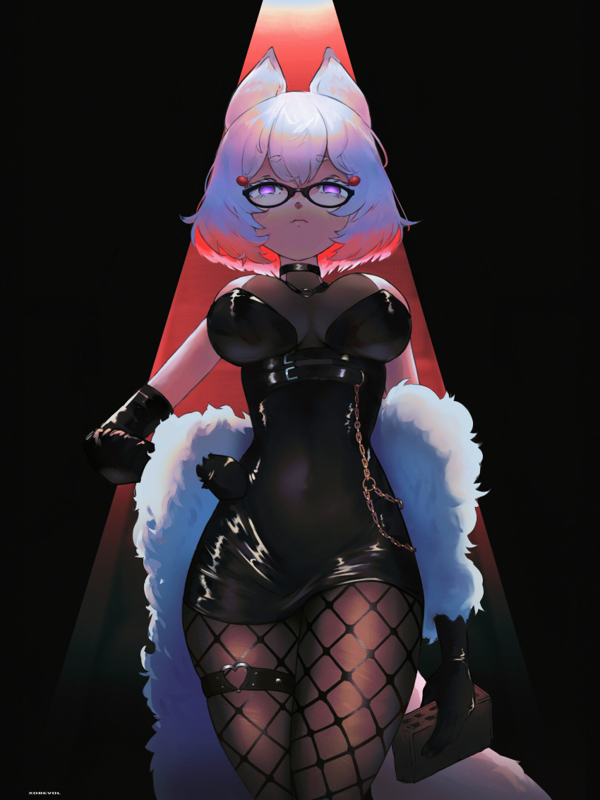 animal_ears black-framed_eyewear black_dress black_gloves breasts dress elbow_gloves feather_boa female fishnet_pantyhose fishnets fox_ears fox_girl fox_tail glasses gloves hand_on_own_hip heart_o-ring highres large_breasts no_pupils pantyhose phase_connect purple_eyes short_hair solo tail tenma_maemi thigh_strap two-tone_background virtual_youtuber white_hair xobevol