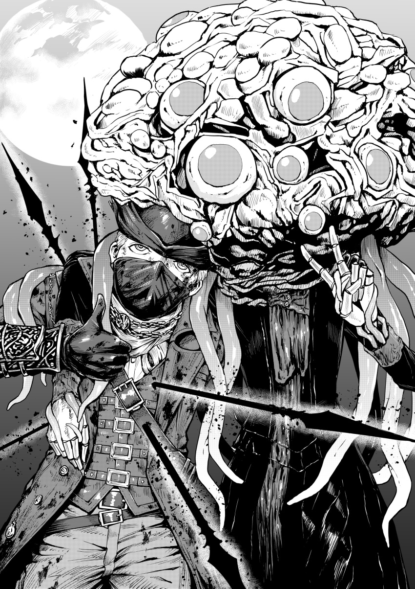 1boy 1other arm_around_waist blood blood_on_clothes bloodborne coat eldritch_abomination extra_eyes eye_no_kakumaku frenzy_(bloodborne) greyscale hat highres hunter_(bloodborne) looking_at_viewer mask monochrome monster moon mouth_mask night tentacle thumbs_up tricorne v winter_lantern