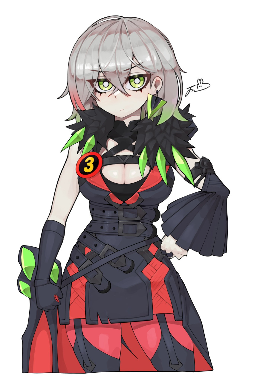 black_dress breasts bright_pupils cleavage cowboy_shot diabellstar_the_black_witch dillo_(smootharmadillo) dress duel_monster earrings female garter_straps green_eyes green_hair grey_hair hand_on_own_hip highres jewelry large_breasts low_wings multicolored_hair pantyhose red_hair red_pantyhose short_hair simple_background single_wing solo white_background white_pupils wings yu-gi-oh!