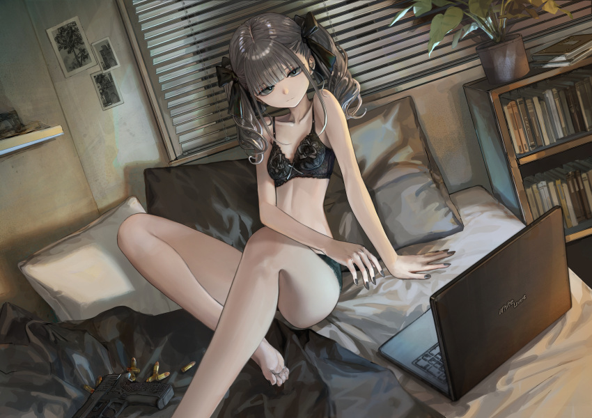 absurdres ammunition bare_arms bare_legs barefoot black_bow black_bra black_nails black_panties blunt_bangs book bow bra breasts bullet cartridge computer drill_hair female grey_eyes grey_hair gun hairbow handgun hashimoto_kokai highres laptop lingerie looking_at_viewer midriff on_bed original panties photo_(object) pillow plant potted_plant sig_p220/p226 sig_sauer sitting small_breasts solo twin_drills twintails underwear weapon window window_blinds