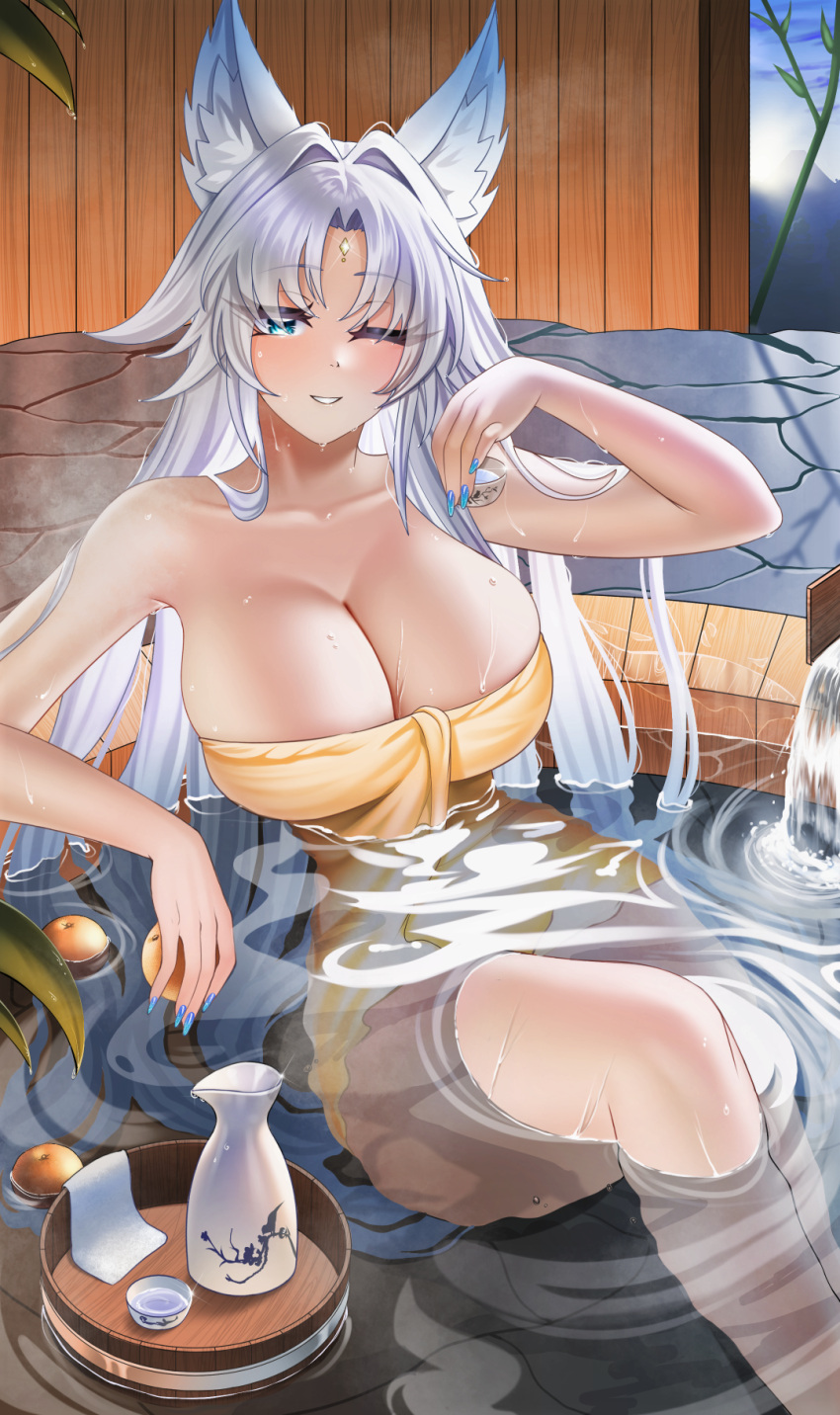 animal_ear_fluff animal_ears aqua_eyes bare_shoulders bottle breasts choko_(cup) cleavage collarbone cup feixiao_(honkai:_star_rail) female forehead_jewel fox_ears fox_girl highres honkai:_star_rail honkai_(series) large_breasts luunamito naked_towel one_eye_closed onsen parted_lips sake_bottle solo thighs towel water wet