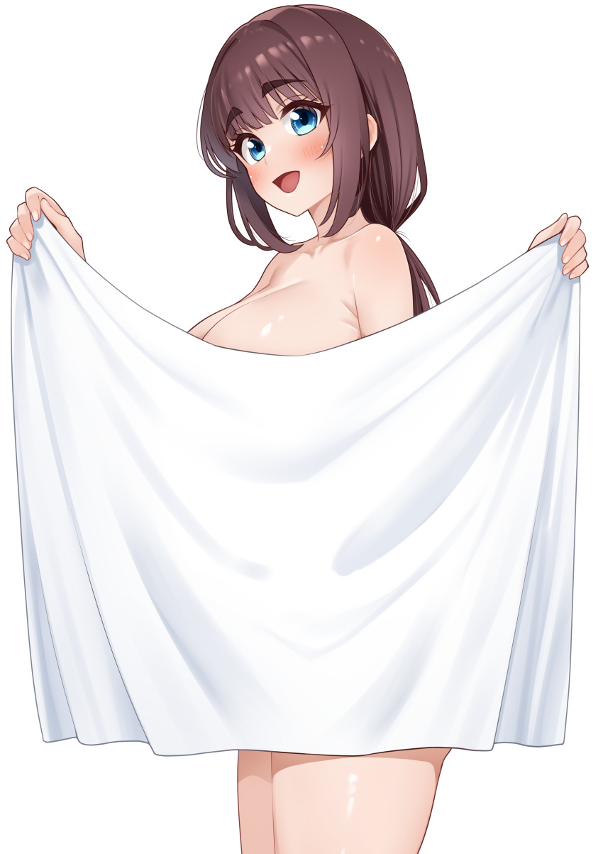 absurdres blue_eyes blunt_bangs blush breasts brown_hair cleavage covering_privates cowboy_shot female from_side hands_up highres holding holding_towel large_breasts long_hair looking_at_viewer looking_to_the_side low_ponytail nude_cover open_mouth original simple_background smile solo standing towel white_background wreath_(lit)