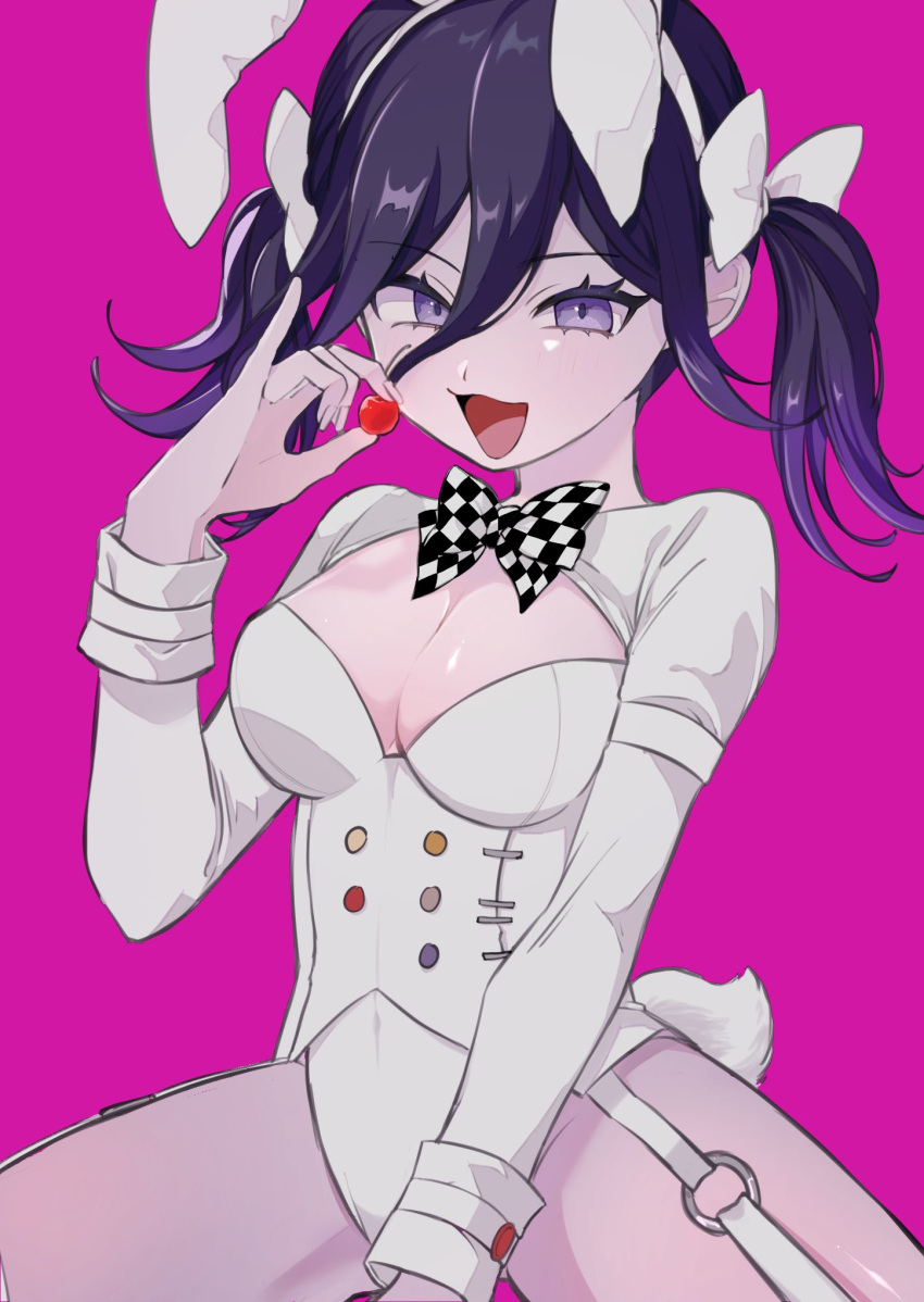 animal_ears arm_belt between_legs bow bowtie breasts bridal_garter checkered_bow checkered_bowtie checkered_clothes cherry cleavage commentary danganronpa_(series) danganronpa_v3:_killing_harmony eyelashes female food fruit genderswap_(mtf) hair_between_eyes hand_between_legs highres holding holding_food leotard long_hair looking_at_viewer medium_breasts o-ring_strap oma_kokichi open_mouth pi_letter pink_background playboy_bunny rabbit_ears rabbit_girl rabbit_tail rule_63 shiny_skin solo spread_legs tail twintails upper_body white_bustier white_leotard