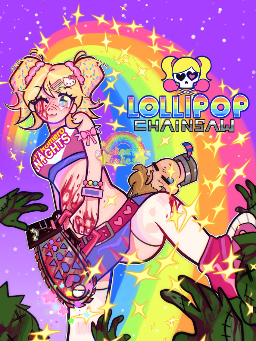 1boy :3 blonde_hair blood candy chainsaw cheerleader colorful commentary copyright_name crop_top english_commentary female food gijinkacakes hello_kitty hello_kitty_(character) highres holding holding_chainsaw juliet_starling lollipop lollipop_chainsaw midriff miniskirt nick_carlyle one_eye_closed rainbow sanrio severed_head short_hair skirt solo_focus sparkle sprinkles twintails watermark yami_kawaii zombie