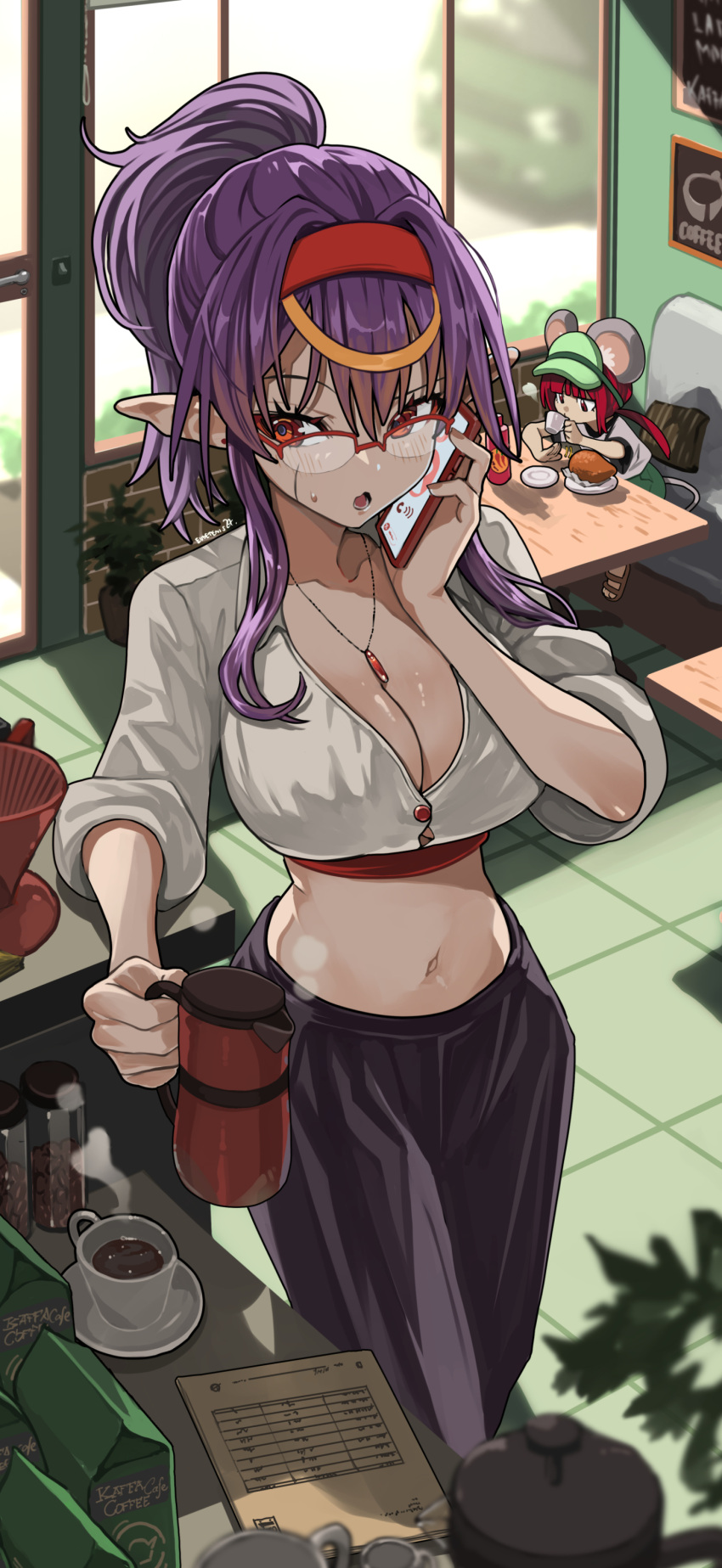 2girls absurdres animal_ears black_pants booth_seating bottle breasts brick_wall cafe cleavage clip_studio_paint_(medium) coffee coffee_beans coffee_pot cropped_shirt cup drinking eudetenis food gem hairband highres holding holding_coffee_pot holding_cup jewelry large_breasts long_hair midriff mouse_ears mouse_tail multiple_girls navel original pants pendant pointy_ears ponytail purple_hair red-framed_eyewear red_eyes red_gemstone red_hair red_hairband ringer_t-shirt sandals semi-rimless_eyewear sidelocks sideways_glance sitting sleeves_rolled_up steaming_cup sunlight tail talking_on_phone tile_floor tiles visor_cap window