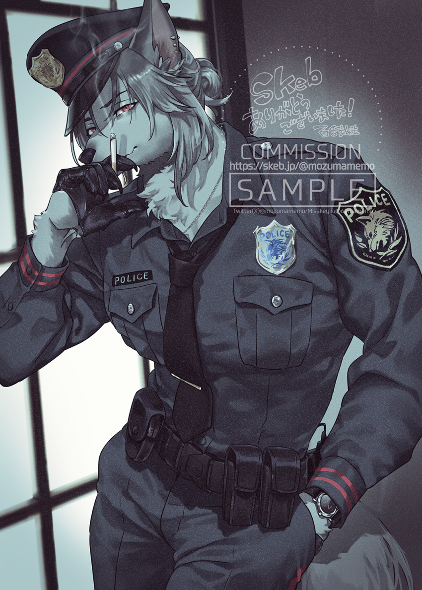 1boy black_gloves body_fur cigarette commentary_request commission cowboy_shot furry furry_male gloves grey_fur grey_hair half_gloves hand_in_pocket hat highres holding holding_cigarette indoors looking_at_viewer male_focus mamemo_(daifuku_mame) original police police_hat police_uniform policeman red_eyes short_hair skeb_commission smoke smoke_trail tail wolf_boy