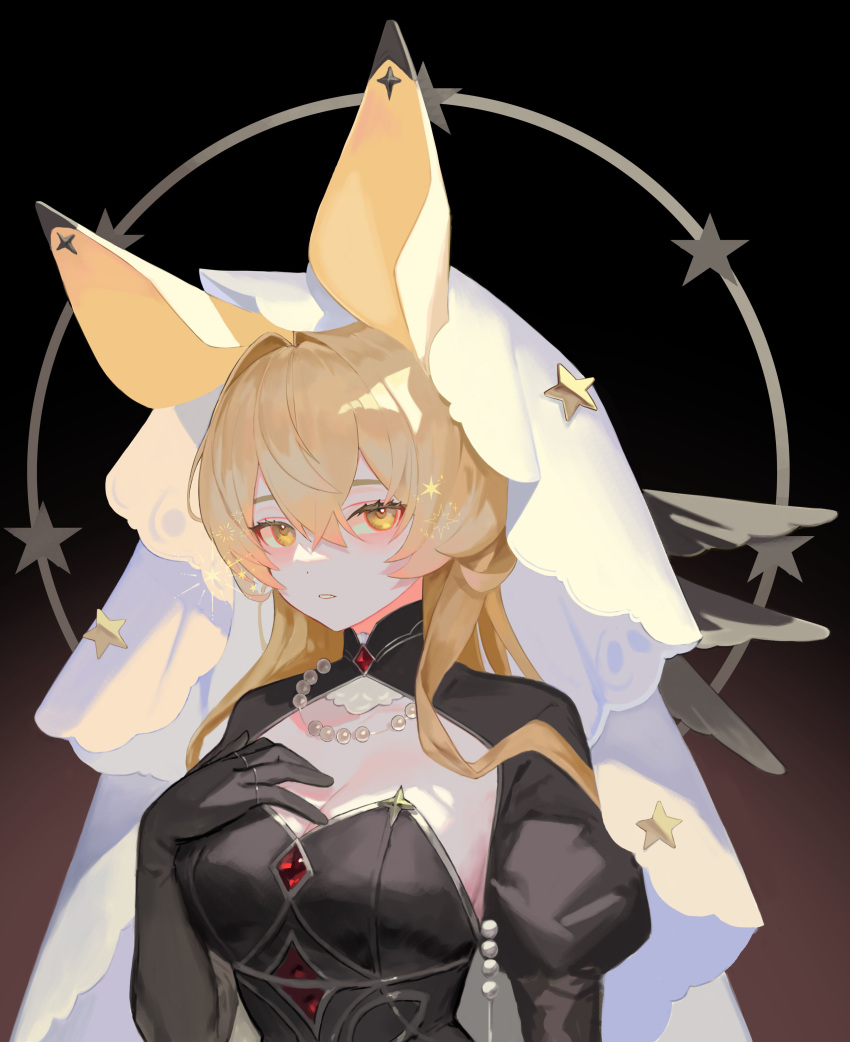 absurdres animal_ears arknights black_gloves blonde_hair breasts cleavage dorothy_(arknights) dorothy_(hand_of_destiny)_(arknights) elbow_gloves female gem gloves hair_between_eyes halo halo_behind_head hand_on_own_chest headscarf highres jewelry juliet_sleeves long_hair long_sleeves looking_at_viewer necklace official_alternate_costume pearl_(gemstone) pearl_necklace puffy_sleeves ring sattan_(u_rara) solo star_(symbol) upper_body white_headscarf yellow_eyes