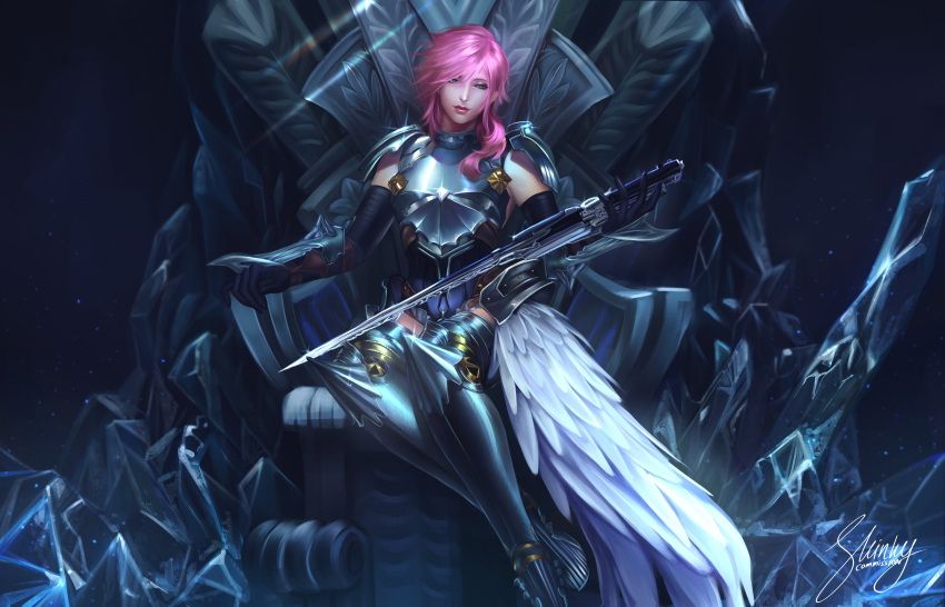 éclair_farron absurdres arm_guards armor armored_leotard crystal dark_background female final_fantasy final_fantasy_xiii final_fantasy_xiii-2 gloves gunblade highres holding holding_weapon leotard pink_hair shoulder_armor sitting sitting_on_throne sleinyeswownc solo thighhighs throne weapon