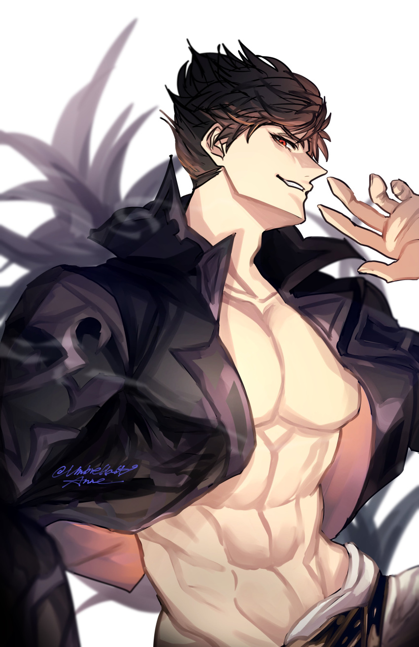 1boy abs absurdres anne_(umbrella009) arm_up bare_pectorals belial_(granblue_fantasy) belt black_belt black_feathers black_hair black_shirt collared_shirt commentary_request cowboy_shot feathers granblue_fantasy groin highres long_sleeves male_focus open_clothes open_shirt pectorals red_eyes shirt simple_background smile solo teeth twitter_username white_background