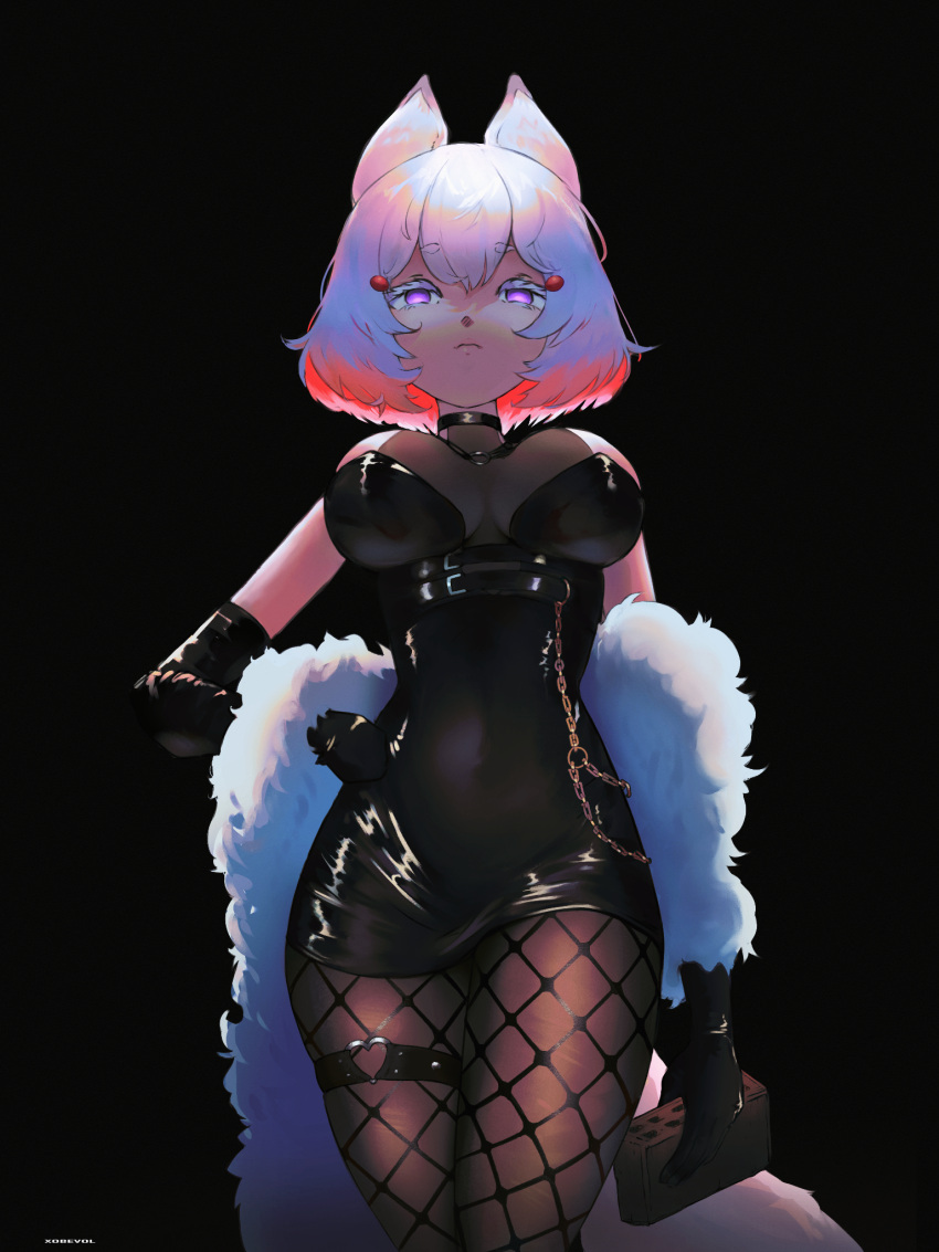 animal_ears black_background black_dress black_gloves breasts dress elbow_gloves feather_boa female fishnet_pantyhose fishnets fox_ears fox_girl fox_tail gloves hand_on_own_hip heart_o-ring highres large_breasts no_pupils pantyhose phase_connect purple_eyes short_hair solo tail tenma_maemi thigh_strap virtual_youtuber white_hair xobevol