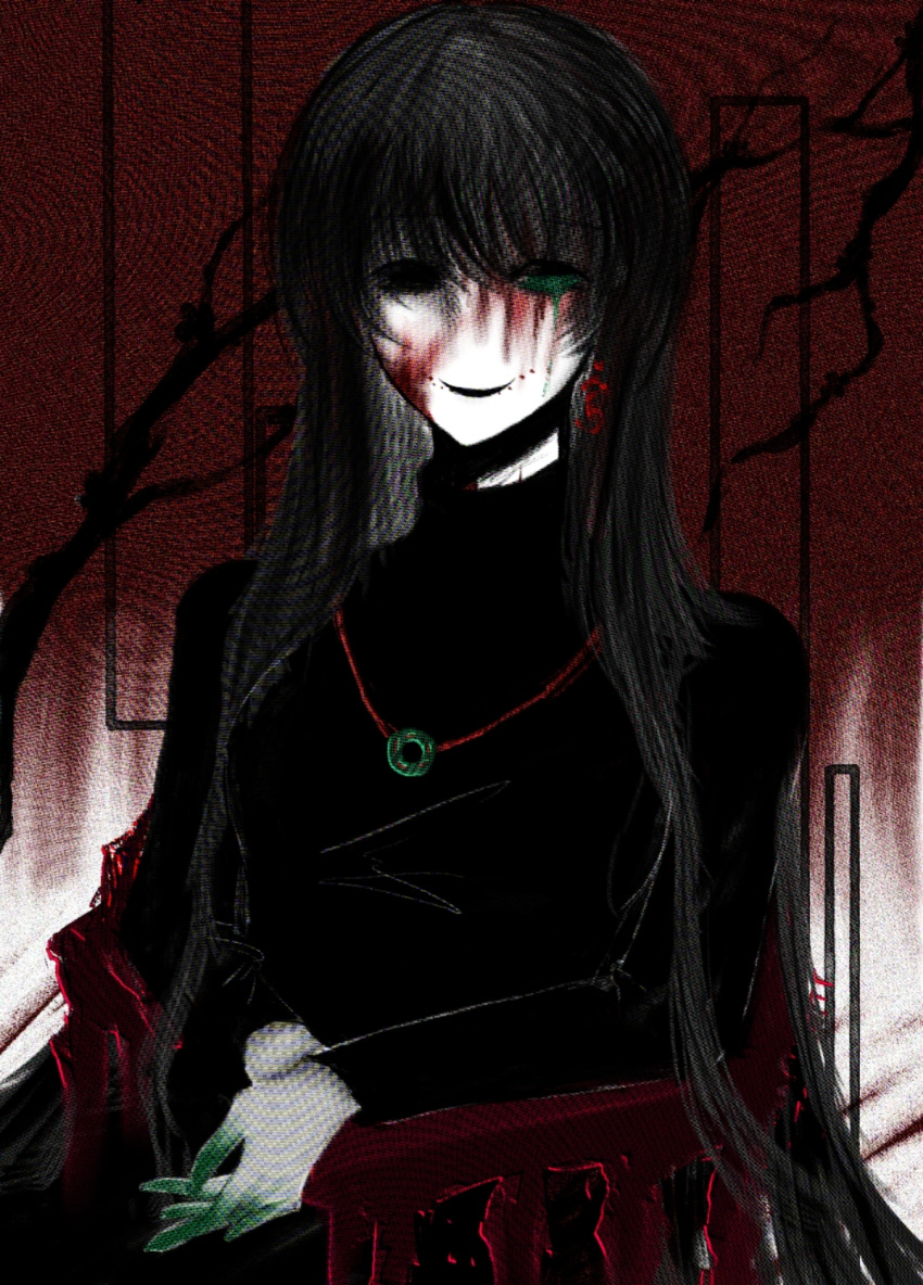 black_eyes black_hair blood blood_on_face breasts colored_extremities colored_skin commentary dripping_eye earrings facial_mark female green_eyes highres horror_(theme) jewelry long_hair long_sleeves looking_at_viewer medium_breasts moire naihe_(female)_(touqi_guaitan) necklace nianfenglai. on_chair sidelocks single_earring sitting smile solo symbol-only_commentary touqi_guaitan white_skin