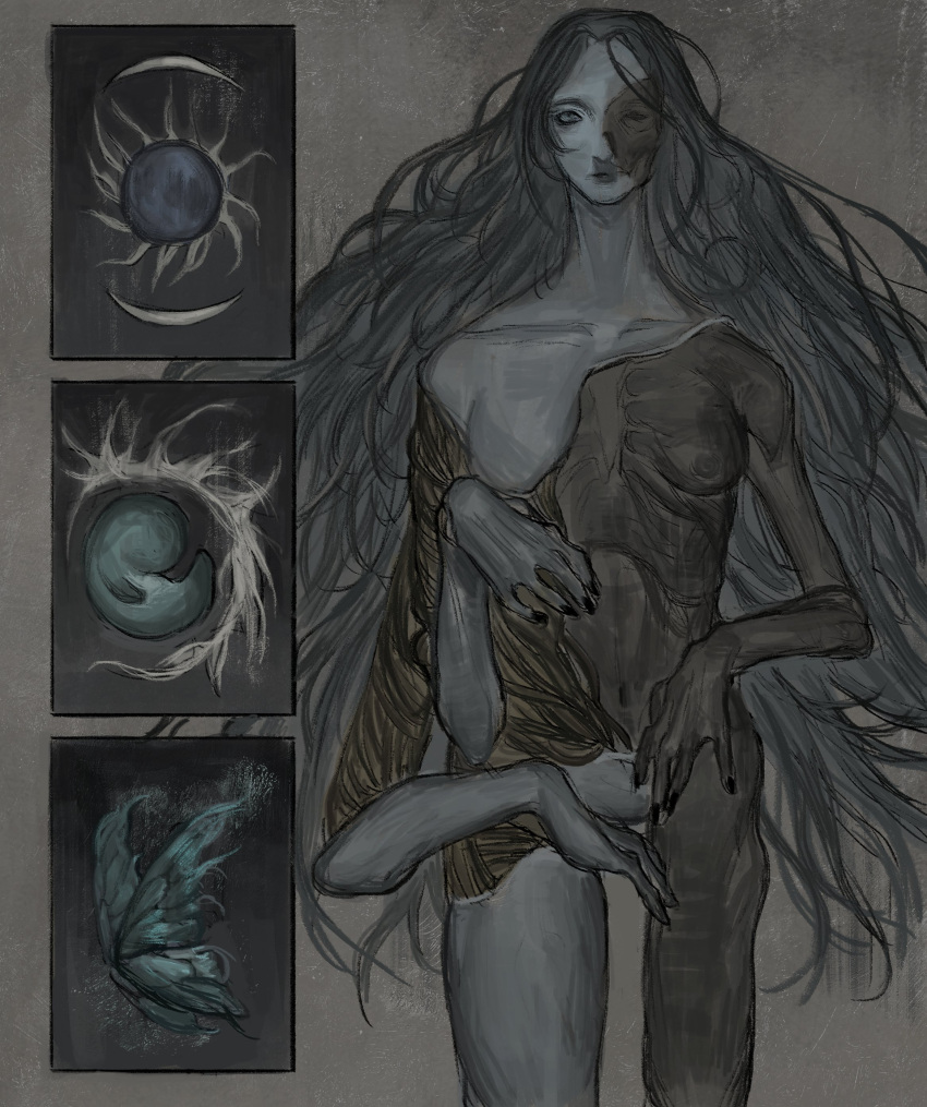 absurdres blank_stare blue_hair blue_skin breasts broken bug butterfly colored_skin doll doll_joints elden_ring extra_arms female fetus grey_background highres joints long_hair moon nude petite_ven ranni_the_witch small_breasts solo very_long_hair