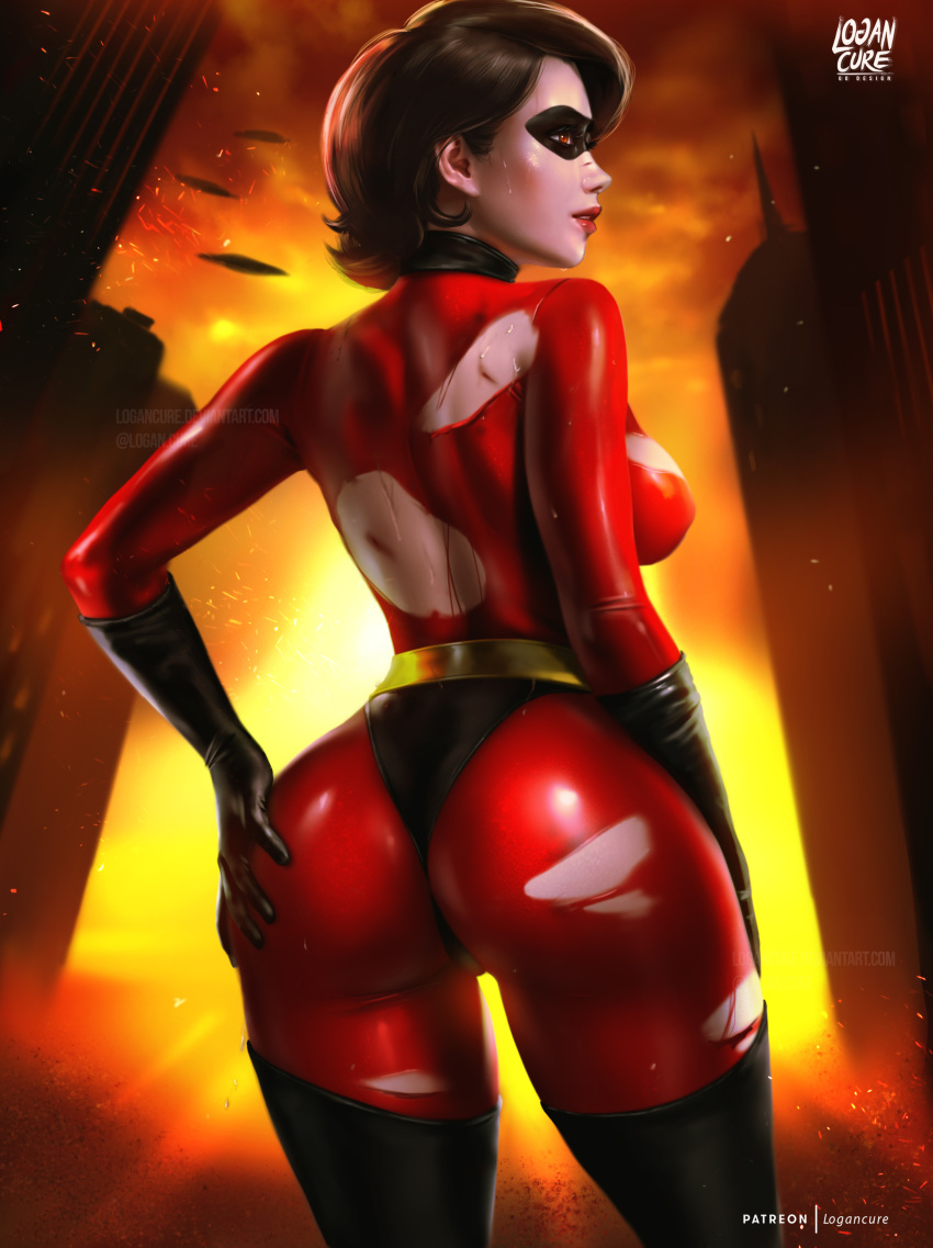 absurdres artist_name ass black_gloves black_mask bodysuit breasts brown_hair domino_mask elastigirl female from_behind gloves hand_on_own_hip highres injury logan_cure mask patreon_username red_bodysuit short_hair solo superhero_costume the_incredibles torn_bodysuit torn_clothes