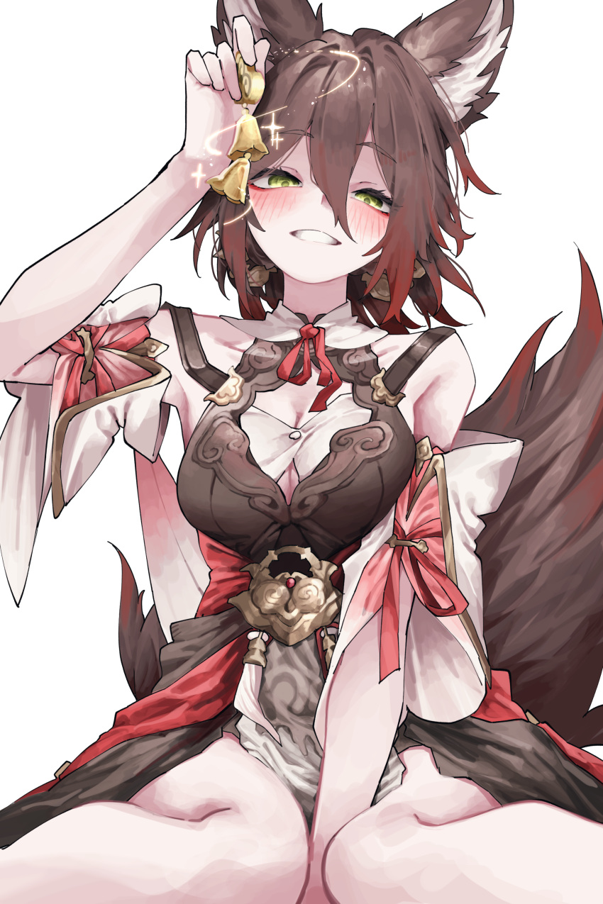 absurdres animal_ear_fluff animal_ears bell black_dress breasts brown_hair chinese_clothes cleavage dress female fox_ears fox_girl green_eyes hair_between_eyes highres holding holding_bell honkai:_star_rail honkai_(series) medium_breasts medium_hair simple_background sitting smile solo thighs tingyun_(honkai:_star_rail) vivo_(vivo_sun_0222) wariza white_background