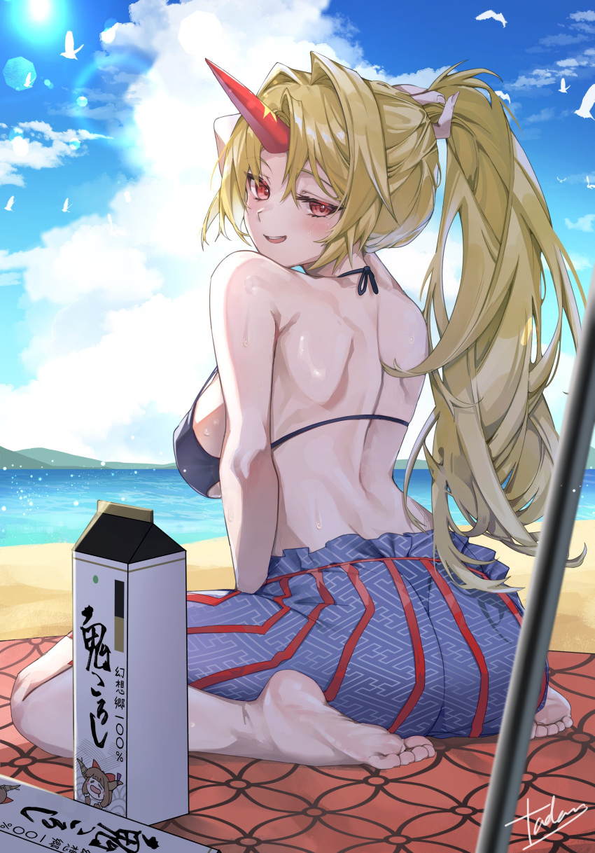 absurdres back barefoot beach blonde_hair blue_skirt blue_sky breasts day female full_body high_ponytail highres horns hoshiguma_yuugi ibuki_suika long_hair long_skirt looking_at_viewer looking_back no_shirt ocean outdoors red_eyes red_horns single_horn skirt sky smile solo star_(symbol) star_print striped_clothes striped_skirt tadano1129 touhou translation_request