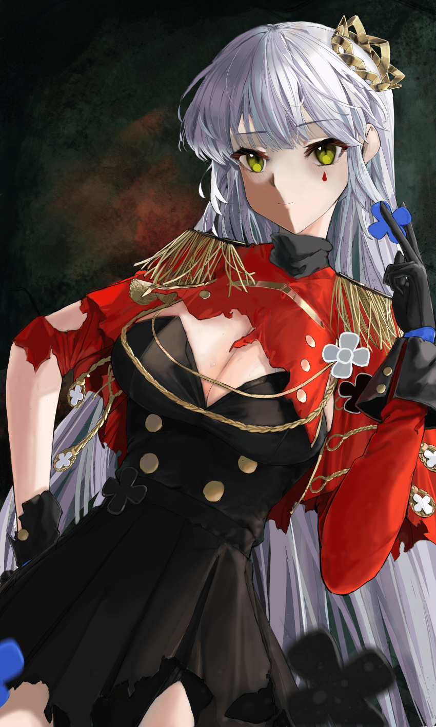 absurdres black_dress black_gloves breasts cleavage closed_mouth crown dress english_commentary female girls'_frontline gloves green_eyes hair_ornament hand_on_own_hip hand_up highres hk416_(girls'_frontline) hk416_(percussive_bolero)_(girls'_frontline) holding holding_hair_ornament jacket light_smile long_hair looking_at_viewer official_alternate_costume red_jacket solo tattoo teardrop_facial_mark teardrop_tattoo torn_clothes torn_dress torn_jacket unwomagno white_hair