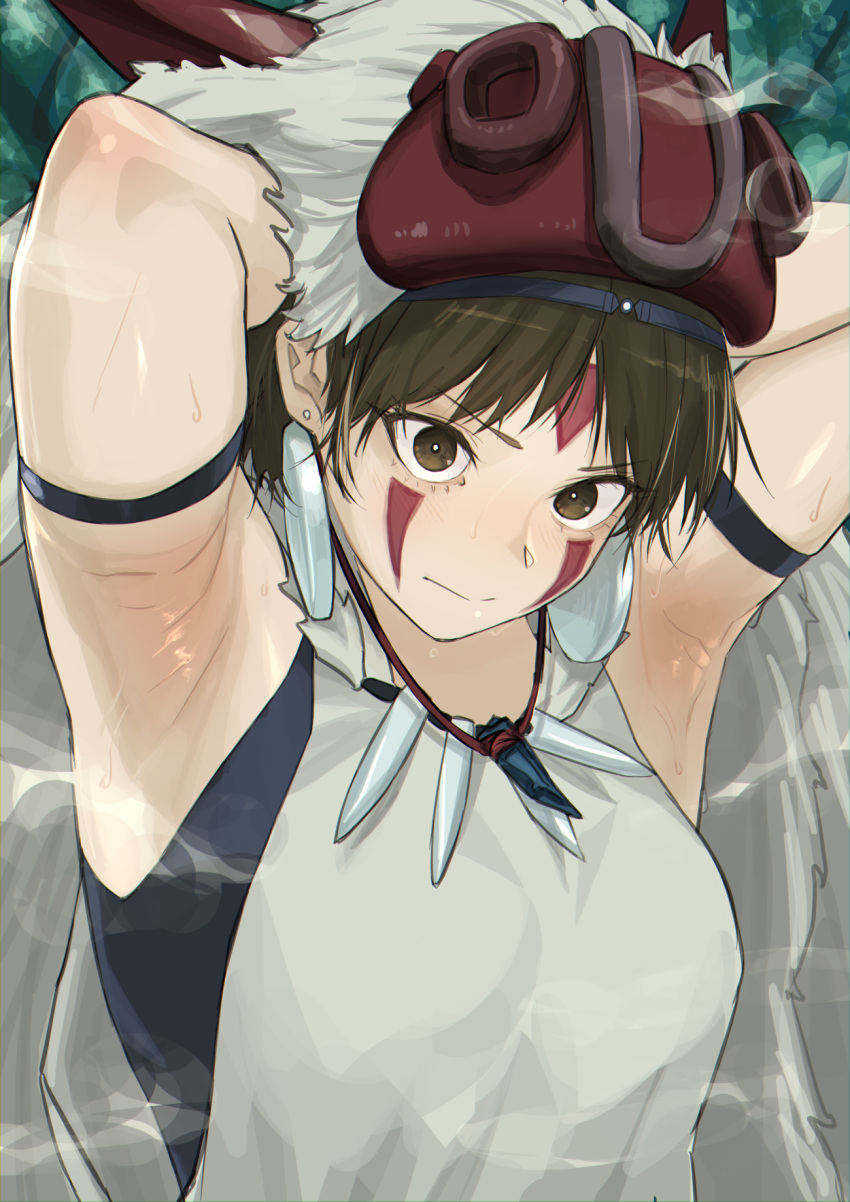 armband armpits arms_up black_armband black_undershirt bright_pupils brown_eyes brown_hair cloak earrings facepaint female fur_cloak haishima_xv highres jewelry looking_at_viewer mononoke_hime necklace san_(mononoke_hime) shirt short_hair sleeveless sleeveless_shirt solo steaming_body sweat tooth_necklace upper_body white_pupils white_shirt