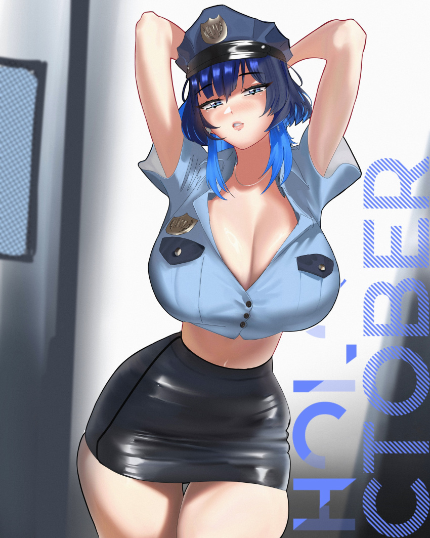 absurdres alternate_costume armpits arms_behind_head arms_up badge blue_eyes blue_hair blue_shirt blush breast_pocket breasts cleavage colored_inner_hair contrapposto english_text female female_service_cap hair_intakes hat highres hololive hololive_english huge_breasts itszenvy jewelry large_breasts lips long_hair looking_at_viewer multicolored_hair navel ouro_kronii pencil_skirt pocket police police_badge police_hat police_uniform policewoman shirt skirt solo thick_thighs thighs virtual_youtuber