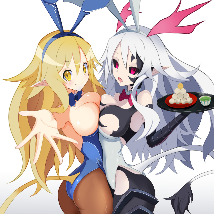 2girls absurdres animal_ears ass bare_shoulders black_sclera blonde_hair blue_bow bow bowtie breast_press breasts choker cleavage colored_sclera commentary corruption dark_persona demon demon_girl disgaea disgaea_rpg dual_persona highres holding holding_tray liezerota_(disgaea) long_hair looking_at_viewer looking_to_the_side makai_senki_disgaea_5 multiple_girls octpus pantyhose plate playboy_bunny pointy_ears possessed rabbit_ears reaching reaching_towards_viewer red_bow red_bowtie red_eyes siblings smile symmetrical_docking tail tray void_dark_(disgaea) white_hair yellow_eyes