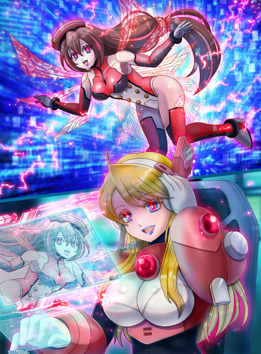 2girls absurdres alia_(mega_man) bare_shoulders blonde_hair blue_eyes blue_lips breasts brown_hair commission corruption dark_persona electricity energy_wings glowing glowing_eyes hat highres holographic_interface iris_(mega_man) kiwakiwa large_breasts leotard long_hair mega_man_(series) mega_man_x_(series) mind_control multiple_girls pixiv_commission red_eyes red_hat red_leotard two-tone_leotard white_leotard